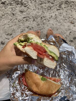Bagel with avocado tomato and onion   at The Fresh Squeeze in Dania Beach