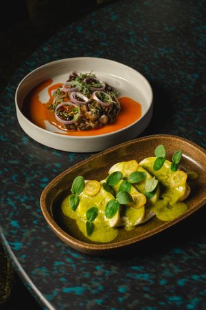 Shimeji Mushroom + Mole + Anise Oil + Black Garlic
Side Salad: Apple Cucumber + Ajo Blanco + Sunrise Lime + Kakadu Plum Kosho at The Emerald Room in Darlinghurst