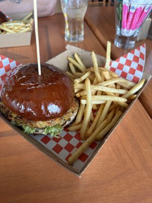 Moroccan burger and fries  at Cafe at Arabica in Methven