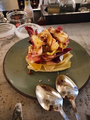 Endive salad recommended by the bartender - with apples, nuts, figs and cheese, it was excellent! Fresh and delicious. at SHŌSH in New York City