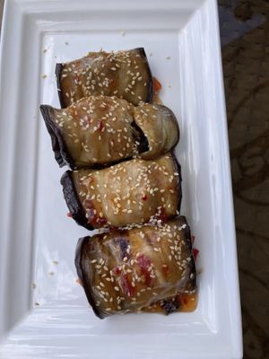 Eggplant Rolls with cream cheese & sweet-sour saucee  at Chinor Terrace Mangal in Bukhara