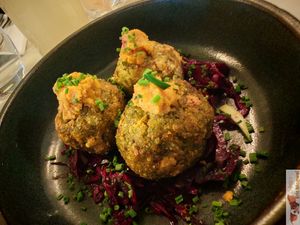 Gourmet cromesqui, made with brown rice, parsley, coriander, tofu, orange and ginger chutney and served with red cabbage marinated in Japanese miso. at Slow in Paris