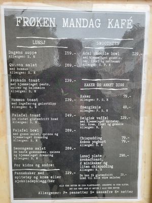 Menu as of 20 April 2025 at Frøken Mandag in Gjoevik