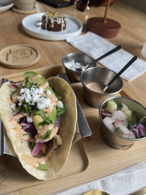 Jackfruit ‘Carnitas’ Tacos (Sorry, they come in 3, but they looked sooo delicious that I forgot to take a picture😅)  at Just Falafel Vegan Cafe in Houston