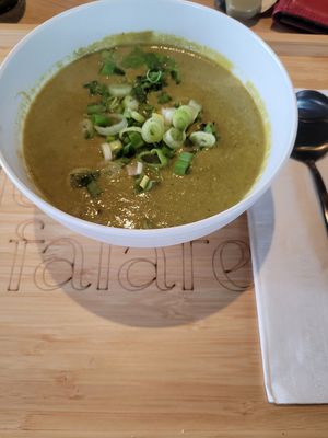 Green goddess soup. at Just Falafel Vegan Cafe in Houston