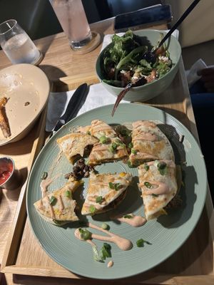 Trio Quesadilla w/ side saladd  at Just Falafel Vegan Cafe in Houston