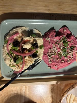 Red Pepper Hummus & Beet Hummus🩷 #Veganuary at Just Falafel Vegan Cafe in Houston