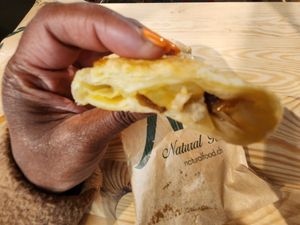 Inside the breakfast sandwich/pastry at Natural Food in Lugano