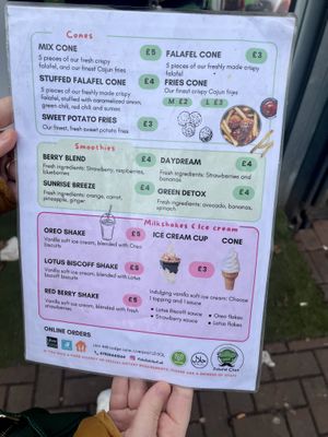Menú: cones, smoothies, milkshakes & ice cream  #Veganuary at Falafel Chef - Kiosk in Liverpool