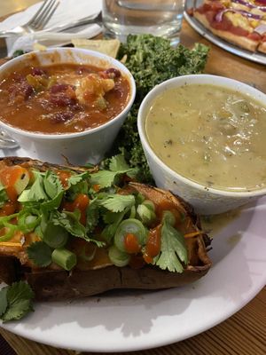 Chili Mac, Thai sweet potato half, loaded potato soup and garlicky kale  at Cashew in Chattanooga