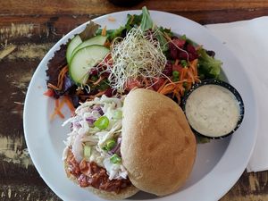 jackfruit bbq sandwich with cashew's side salad at Cashew in Chattanooga