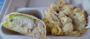 vegan grilled chicken salad wrap with a side of mac at Cashew in Chattanooga