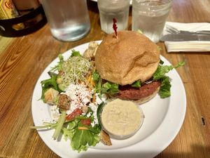 Beet Burger with Side Salad and Tahini/Lemon Dressing    at Cashew in Chattanooga