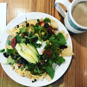 Breakfast tofu scramble nacho plate at Cashew in Chattanooga