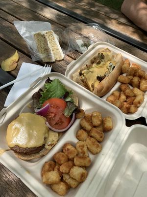 Delicious!!!!  Pictured is the Philly Cheese Steak, Beyond Burger with added cashew cheese, tots and Cookie Dough Cake!!  Yummy 😋 at Cashew in Chattanooga