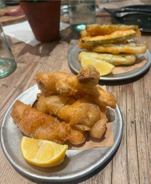 Battered King Oyster Mushrooms and Zucchini frittes   at La Goccia in London