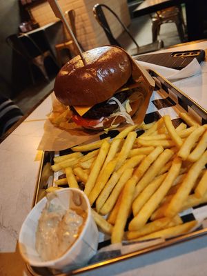 Bacon bbq vegan burger with fries + truffle mayo at Teddy's Burger N' Bar in Warsaw