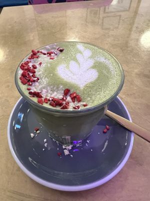 White chocolate matcha with dried raspberry flakes  at Kiss the Koala in North London