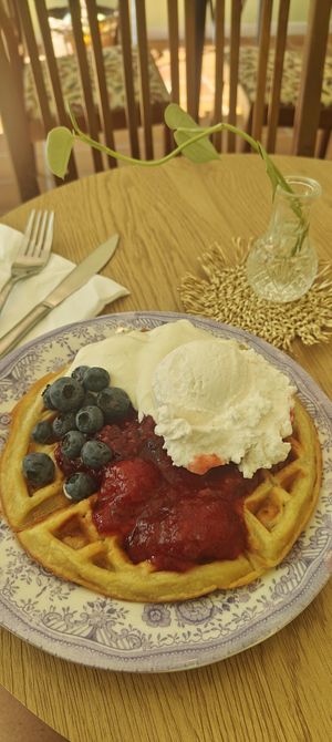 The Belgian waffles were absolutely unbelievable! at Queen Beans in Uppsala