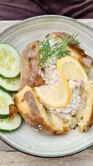 Baked potato with Skagen, 130 kr at Queen Beans in Uppsala