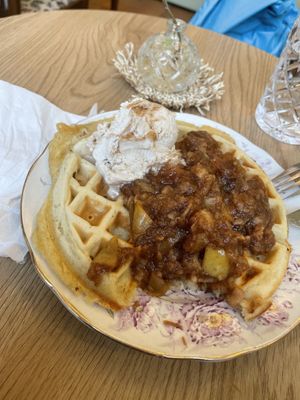 Belgian waffles with apple, cinnamon and ice cream  at Queen Beans in Uppsala