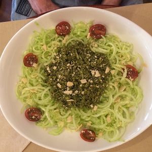 Cucumber pasta and pesto! at Club Natura in Mallorca