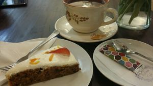 Carrot cake and cappucino at Szelence Cafe in Budapest