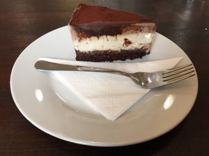 Vegan tiramisu cake at Szelence Cafe in Budapest