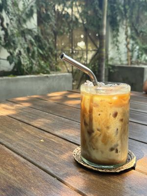 Iced oatmilk latte   at Antigua Coffee & Bakery in San Jose Del Cabo