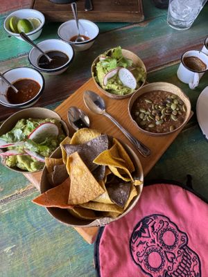 Fire roasted tomato salsa and double guac  at La Lupita Taco & Mezcal in Cabo San Lucas