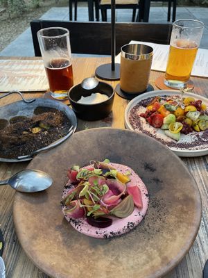 Grilled jicama with celeriac puree, tomato salad (cashew and cauliflower puree on side as we had a nut allergy), beetroot salad  at Suelo Sur in San Jose Del Cabo