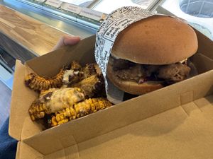 Crispy mushroom burger with corn chips  at Everdale Cafe & Gelato in Springvale