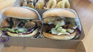 Mushroom burger and eggplant burgerr  at Everdale Cafe & Gelato in Springvale