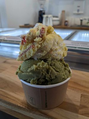 Very generous 2 scoop - White chocolate with raspberry cookies and matcha at Everdale Cafe & Gelato in Springvale