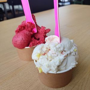 Berry sorbet and white chocolate raspberry cookie gelato at Everdale Cafe & Gelato in Springvale