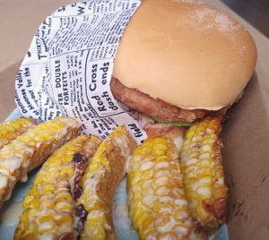 Chick*n burger with side of corn r*bs at Everdale Cafe & Gelato in Springvale