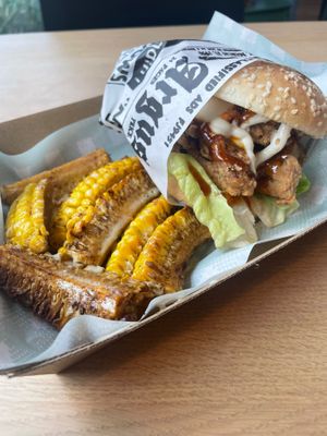 Korean mushroom burger and corn ribs at Everdale Cafe & Gelato in Springvale