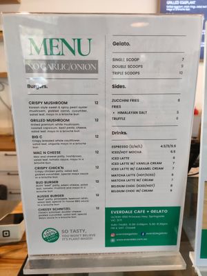 Their special menu with no onion/ no garlic range of burgers. at Everdale Cafe & Gelato in Springvale