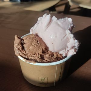 'dubai choc' and strawberry cream (yum) at Everdale Cafe & Gelato in Springvale