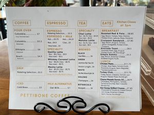 Pettibone Coffee - current menu. The Chana Masala Sando is the marked vegan option. Could get avocado toast minus egg too.   at Pettibone Coffee in Dayton