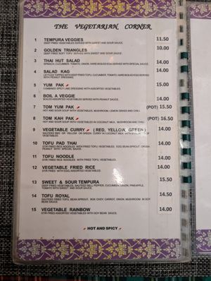 Vegetarian menu section, probably most items can be made vegan at Thai Hut in Santa Maria