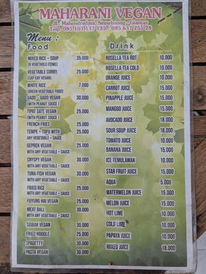 Menu August 2024 at Vegetarian Maharani in Gianyar