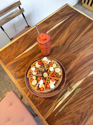 Waffles de avena con crema batida vegana   at Hierba Santa in San Cristobal De Las Casas