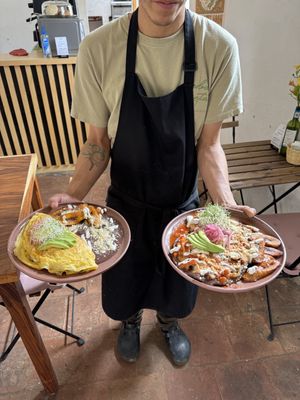 Omelette y huevos motuleños   at Hierba Santa in San Cristobal De Las Casas
