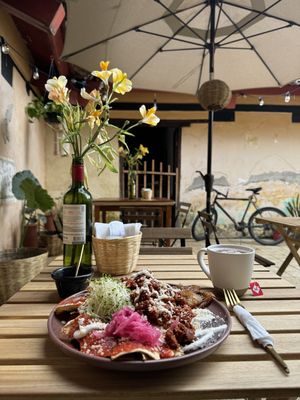 Chilaquiles saludables con chorisoya, queso y crema de almendra   at Hierba Santa in San Cristobal De Las Casas