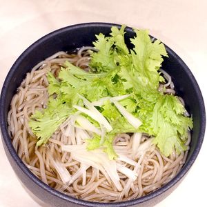 Vegan, plant-based, and Halal-friendly warm dashi soba. The soba is topped with wasabi greens and celery. at Dashi & Soba Suisha in Hiroshima