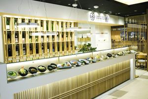 DASHI & SOBA Suisha, located in the center of the first floor of the restaurant area at Hiroshima Station 'ekie'. Its eye-catching exterior stands out. at Dashi & Soba Suisha in Hiroshima