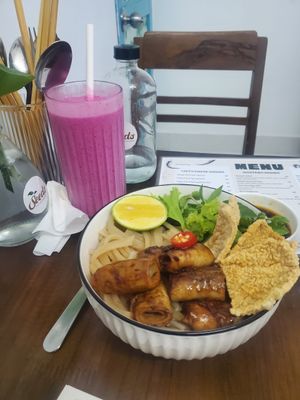 Hoi an noodles and reddy lassi smoothie at The Seeds Plant-Based Foods & Desserts in Hoi An