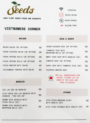 Menu as of 30 April 2025, page 1/3  at The Seeds Plant-Based Foods & Desserts in Hoi An