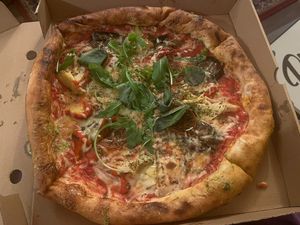 Vegan verdure pizza with added vegan pepperoni   at Waka Waka Pizza in Manchester